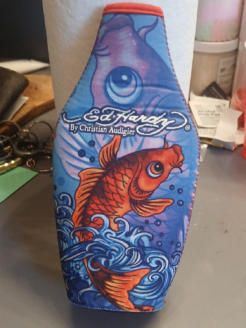 Ed Hardy Blue & Orange Koi Fish Neoprene Bottle Sleeve
